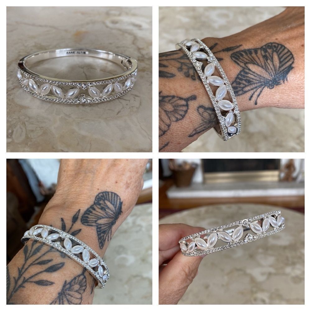 Anne Klein Silver Tone & Pearls Hinged Cuff Bracelet